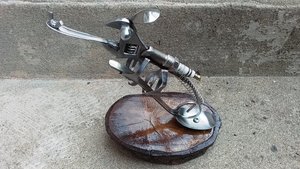 Chameleon lizard catching fly (on wood)