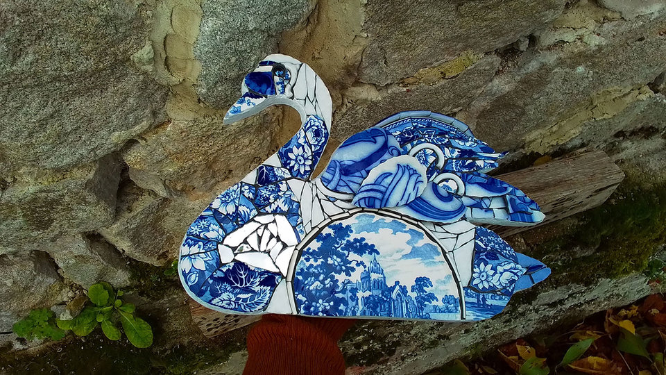 Large Blue Floral Swan