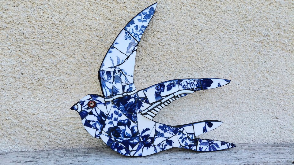 Large Summer Swallow (navy rose motif) (left facing) 