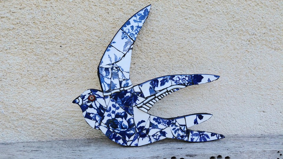 Large Summer Swallow (navy rose motif) (left facing) 