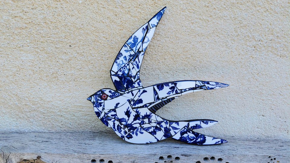 Large Summer Swallow (navy rose motif) (left facing) 