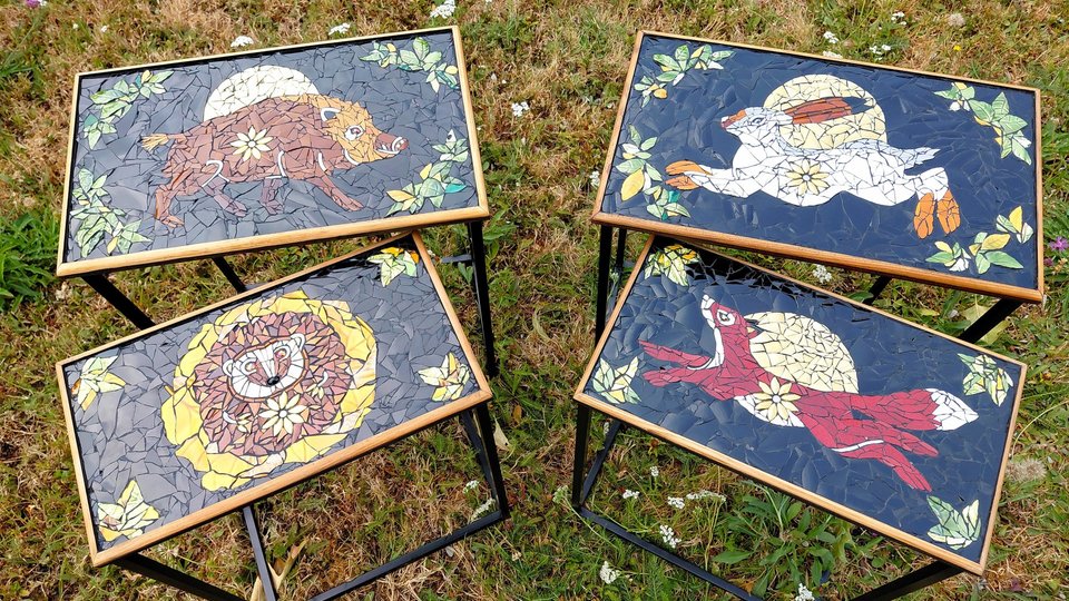 Set 4 Wildlife Nesting Tables (Mountain Hare, Wildboar, Fox & Hedgehog) (SOLD)